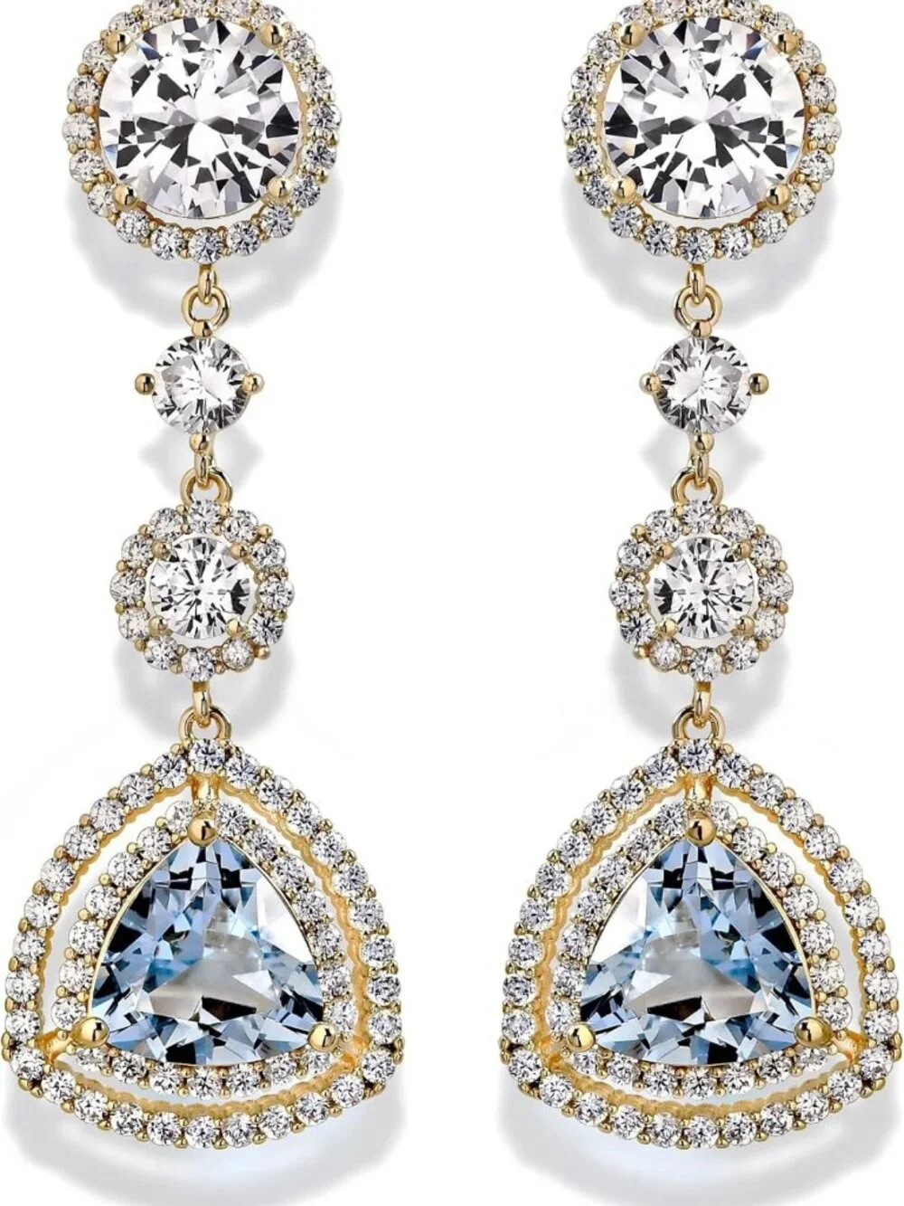 Trendy Gold Dangle Earrings with Sky Blue Aquamarine, Drop Chandelier Style